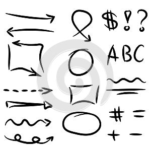Set of hand drawn arrows, circle and squares for highlighting text