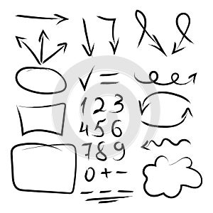 Set of hand drawn arrows, circle and squares for highlighting text