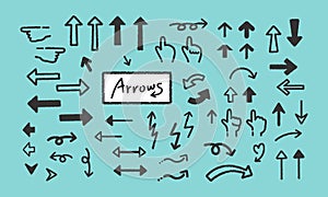 Set of hand-drawn arrows for a comic book design. Vector illustration isolated on a green background.