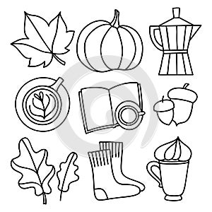 Set of hand-drawn autumn hygge mood vector icons