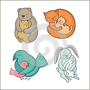 Set of hand drawn Baby and Mommy Animals