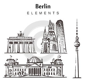 Set of hand-drawn Berlin buildings elements sketch  illustration