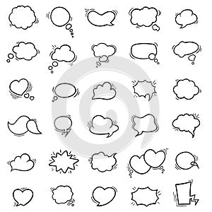 Set of hand drawn black colored linear speech balloons or chat bubbles, design element used for speech.