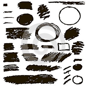 Set of hand drawn black grunge elements, banners, brush strokes