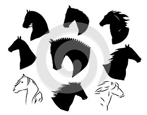 Set of hand drawn black vector horses silhouettes.