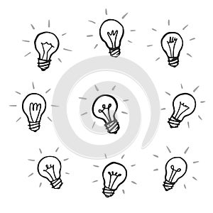 Glowing light bulbs doodles set