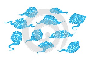 Set hand drawn blue fantasy chinese clouds