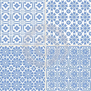 Set of hand drawn blue Moroccan seamless patterns for Ramadan Kareem greeting cards, islamic backgrounds, fabric, web