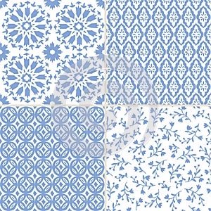 Set of hand drawn blue Moroccan seamless patterns for Ramadan Kareem greeting cards, islamic backgrounds, fabric, web