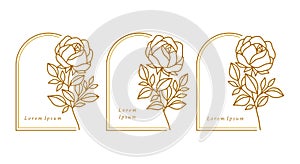 Set of hand drawn botanical gold rose flower and leaf elements for tags and logo