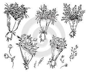 Set of hand drawn bouquets, vector sketch