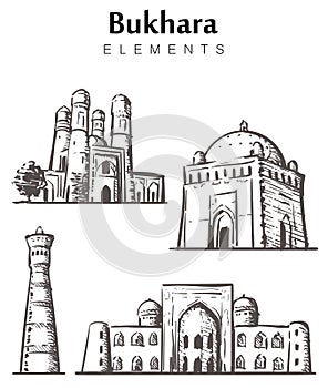 Set of hand-drawn Bukhara buildings, Bukhara elements sketch  illustration photo