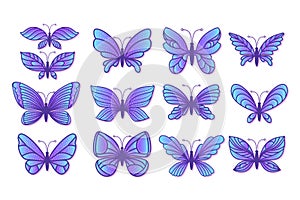 Set hand drawn butterfly with various blue wings. Colorful magic girlish fashion cliparts. Vector stock illustration