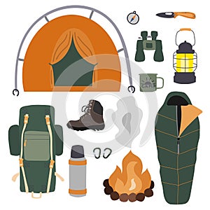 Set of hand-drawn camping and hiking elements isolated on white background. Forest and mountain hike icon set. flat vector