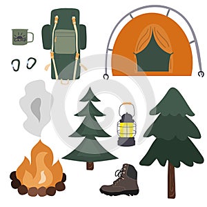 Set of hand-drawn camping and hiking elements isolated on white background. Forest and mountain hike icon set. flat vector