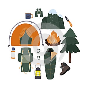 Set of hand-drawn camping and hiking elements isolated on white background. Forest and mountain hike icon set. flat vector