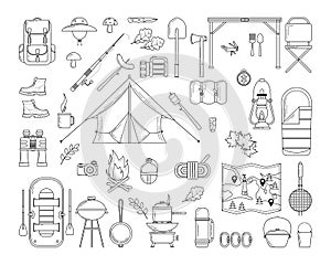 Set of hand drawn camping and hiking equipment. Hike icon.Travel and vacation doodle collection.