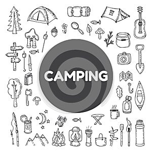 Set of hand drawn camping and hiking equipment. Hike icons. Tra