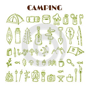 Set of hand drawn camping and hiking equipment. Travel and vacation doodle collection. Hike icons