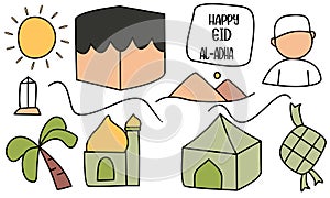 Set of hand drawn cartoon eid al adha doodle idul adha