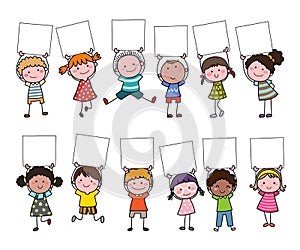 Set of hand drawn cartoon kids holding blank sign