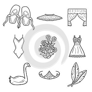 Set of hand drawn cartoon objects on ballet theme