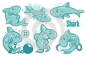 Set of hand drawn cartoon sharks. Sea life illustration. Vector