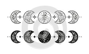 Set of hand drawn celestial floral moon phases.