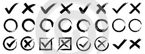 Set hand drawn check mark, tick and cross brush signs, checkmark OK and X icons, symbols YES and NO button, checkbox chalk icons