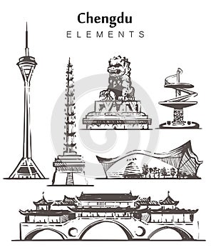 Set of hand-drawn Chengdu buildings.Chengdu buildings and temples elements sketch vector illustration