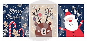 Set of hand drawn Christmas cards with candies, cookies, bear and Santa. Merry Christmas greeting cards. Vector illustration