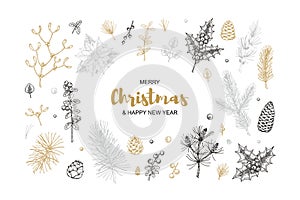 Set of hand drawn Christmas decoration elements. Vector illustration in sketch style