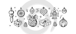 Set of hand drawn Christmas decorations. Christmas tree vintage toys. Vector illustration in sketch style
