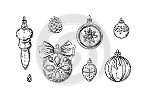 Set of hand drawn Christmas decorations. Christmas tree vintage toys. Vector illustration in sketch style