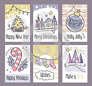 Set of hand drawn Christmas greeting cards. Happy New Year. Merry Christmas. Holly Jolly. Happy Holidays. Warm wishes. Make a wis