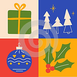 Set of hand drawn Christmas symbol element illustrations. Present, gift, forest trees, bulb with ornament