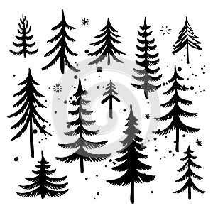 Set of hand drawn Christmas tree. Fir tree silhouettes. Vector illustration.