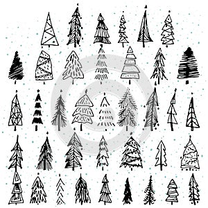 Set of hand drawn christmas tree. Holiday decoration isolated elements. Vector illustration. Use for Greeting Scrapbooking, Congra