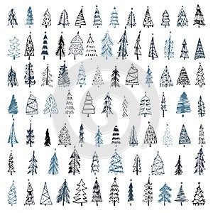 Set of hand drawn christmas tree. Holiday decoration isolated elements. Vector illustration. Use for Greeting Scrapbooking, Congra