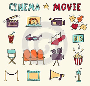 Set of hand drawn cinema icons