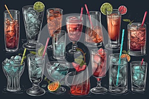 Set of hand drawn cocktails, colored garnishments, straws, ice cubes, variety of drinking glasses, graphite pencil. Generative AI