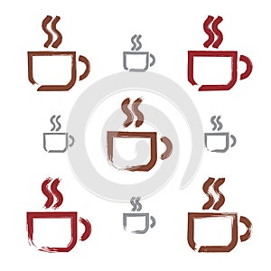 Set of hand-drawn coffee cup icons, brush drawing
