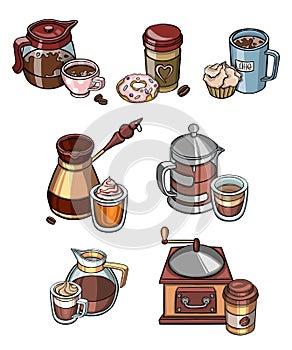 Set of hand drawn colored coffee, tea and cocoa items isolated on chalkboard background