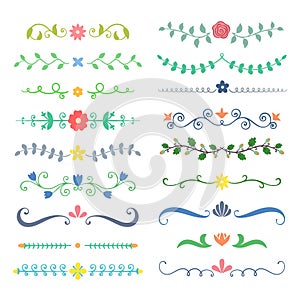 Set of hand drawn colored flourish text dividers. Doodle botanical boders for typography design, invitations, greeting cards.