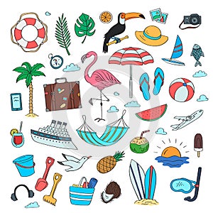 Set of hand drawn coloured beach objects. Vector summer travel doodle elements collection with lettering background