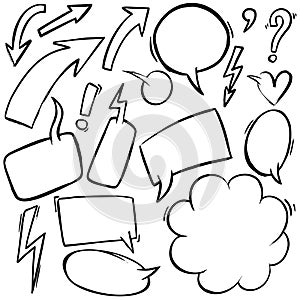 Set of hand drawn comic style speech bubbles and design elements. For poster, card, banner, flyer.