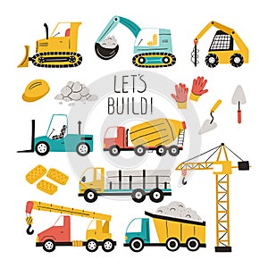 Set of hand drawn construction vehicles