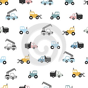 Set of hand drawn construction vehicles baby seamless pattern vector with tractor and truck on white background Cute design,