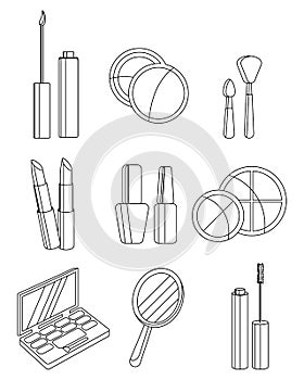Set of hand-drawn contour cosmetic items, make-up. Icons, sketch vector