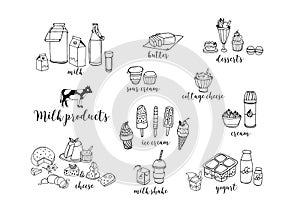 Set of hand drawn contour dairy products. Cheese, milk shake, butter, yogurt, cottage cheese, sour cream, desserts, cow